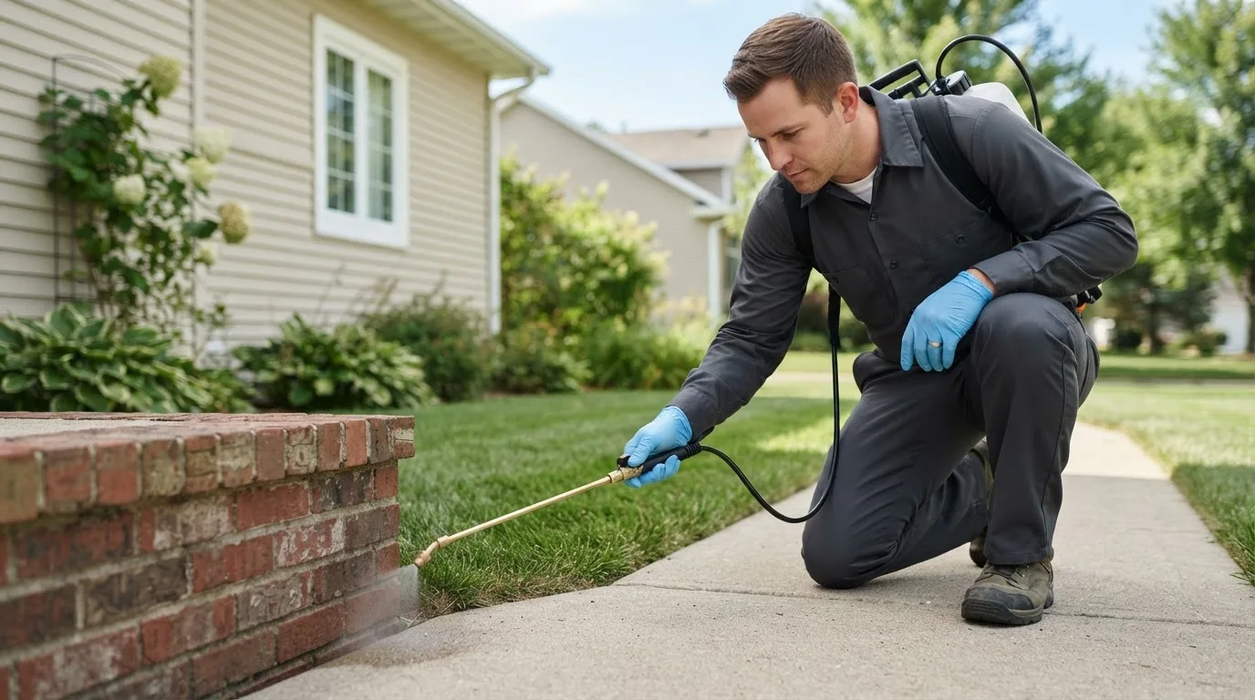 Pest control technician treating a home near Breckenridge, MO