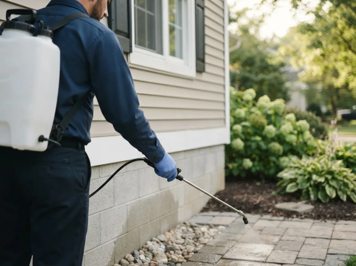Pest control technician inspecting a home in Breckenridge, MO